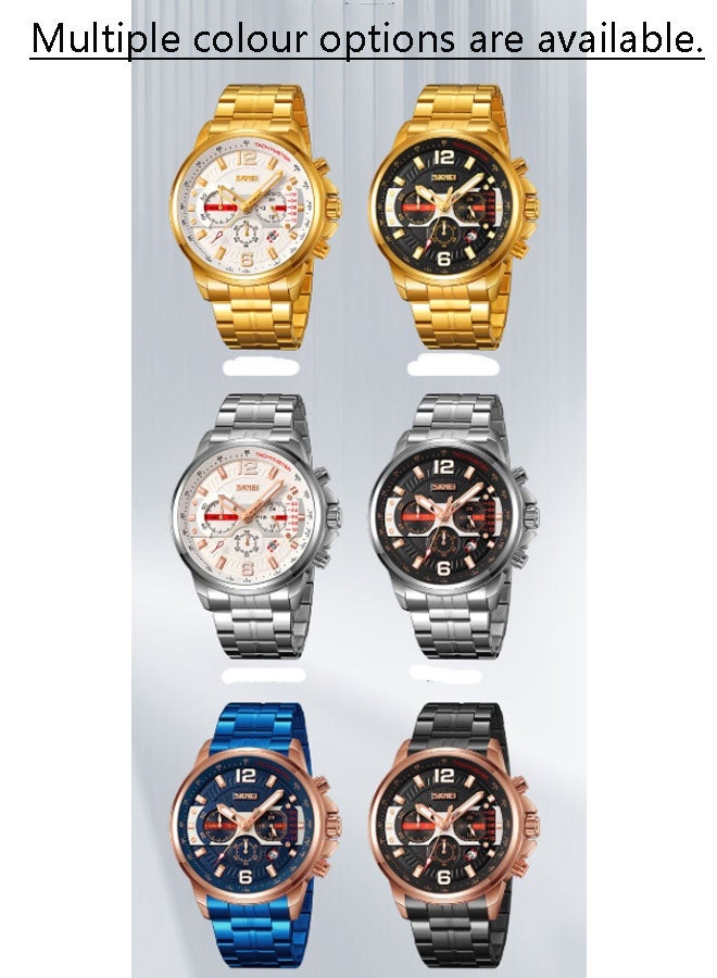 نيوترل ساعة SK-19 الرجالية للأعمال تصميم عصري + مقاومة للماء للاستخدام اليومي تتميز بعرض الوقت ووظيفة التاريخ وساعة توقيت وعقارب مضيئة (أبيض + ذهبي) - Image 2